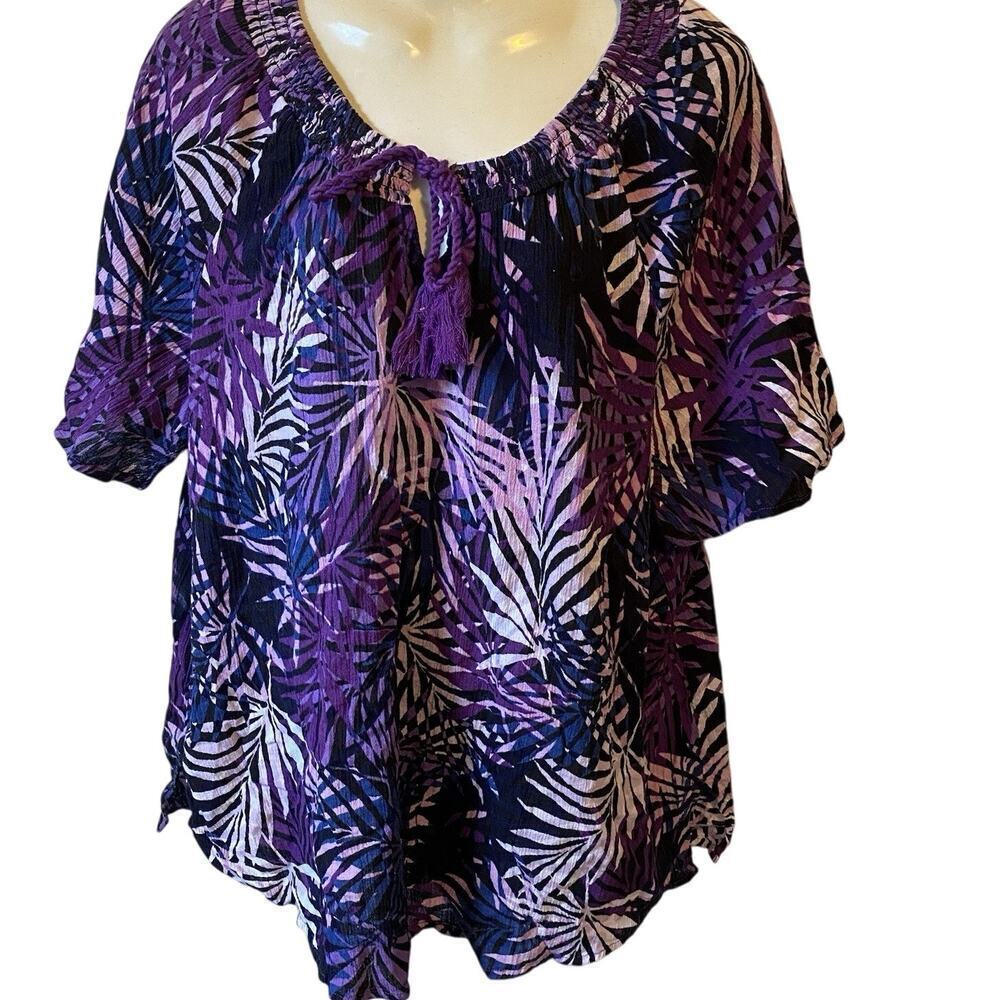 Catherines 0X/XL Short Sleeve Round Neck Breezy Blouse Top Tropical Beach Casual